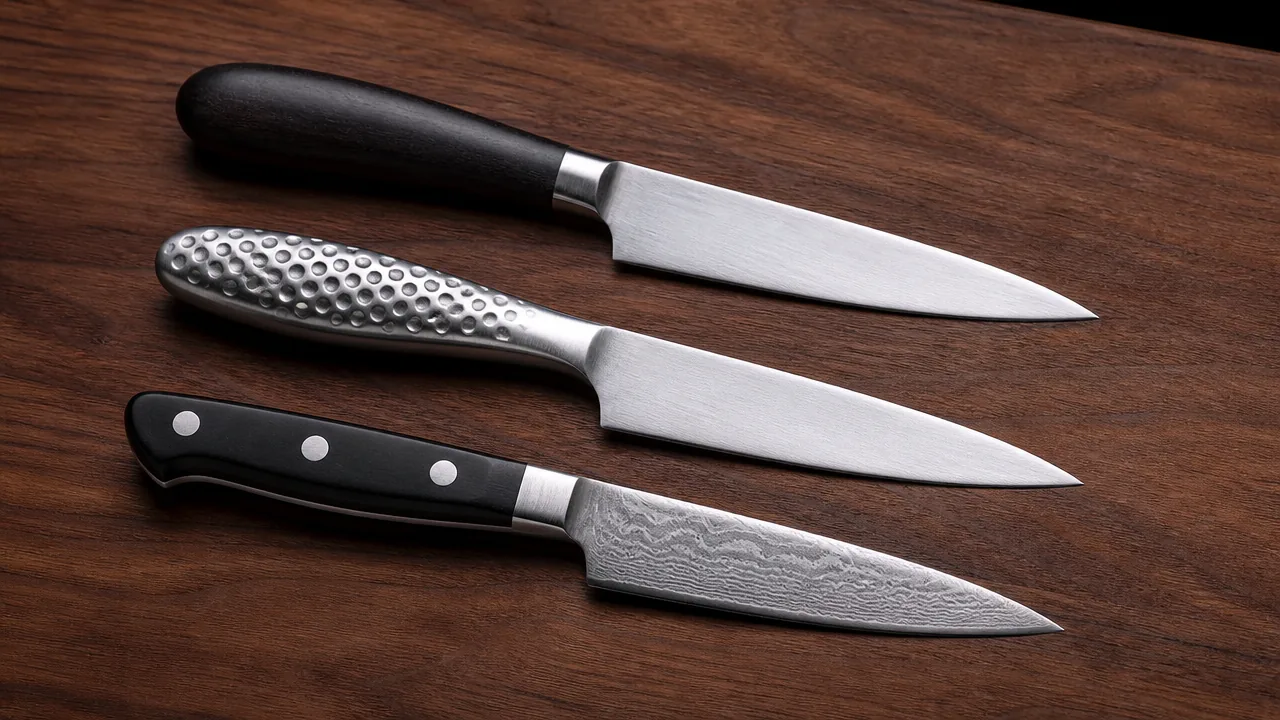 Three small paring knives with different handles side by side on a wooden board
