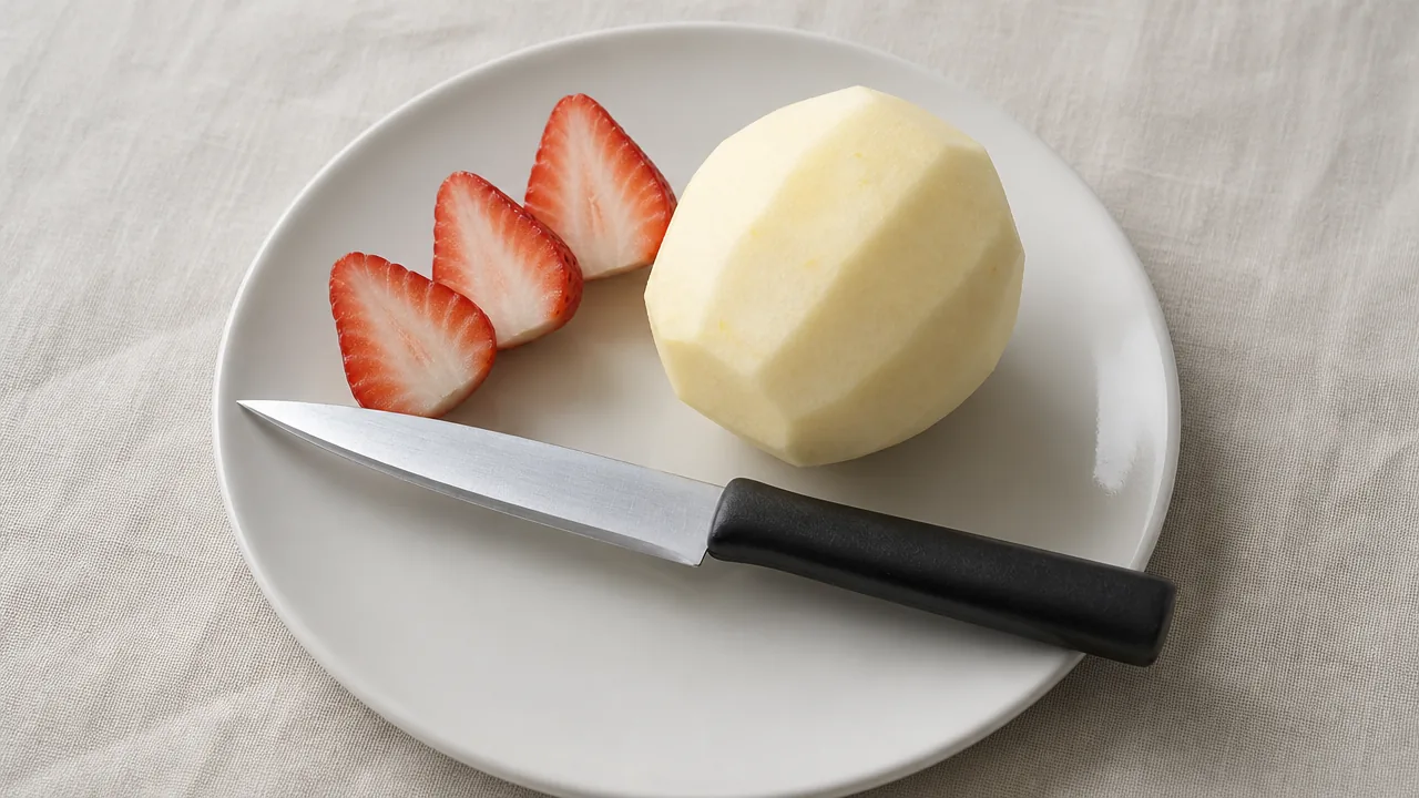 Paring knife on a white plate with strawberry slices and a peeled apple