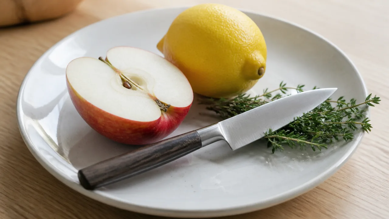 Paring knife on a white plate with a halved apple, a lemon and sprigs of thyme