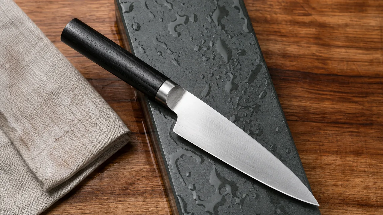 Small knife lying on a wet whetstone next to a folded linen cloth