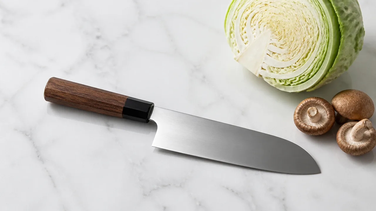 Santoku with a rounded tip on white marble beside a halved cabbage and mushrooms