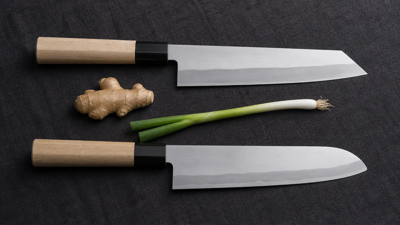 Bunka with an angled tip above a santoku with a rounded tip, with ginger and a spring onion between them