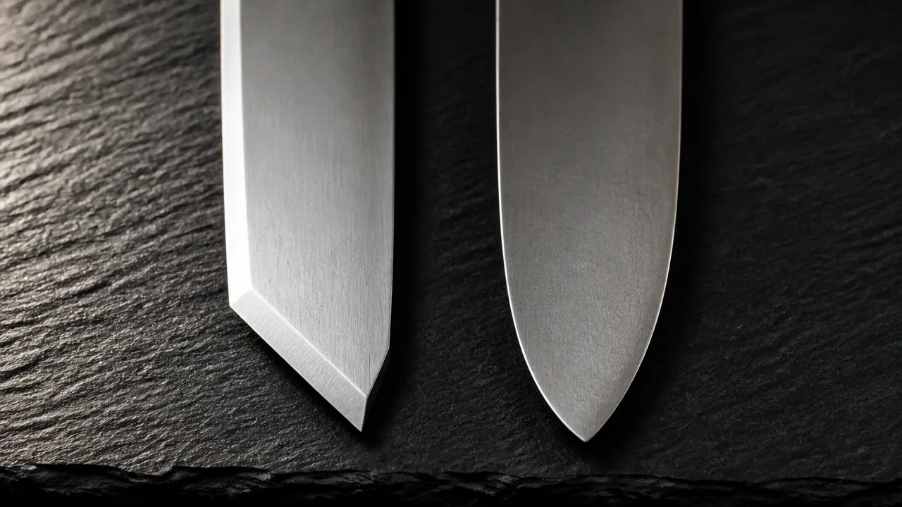 Close-up of two knife tips side by side: an angled clipped tip and a rounded tip