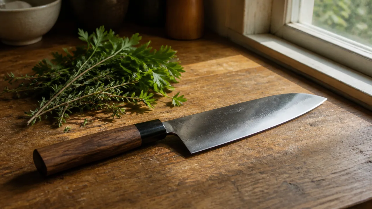 Knife with a wooden handle on a wooden counter beside fresh herbs near a window