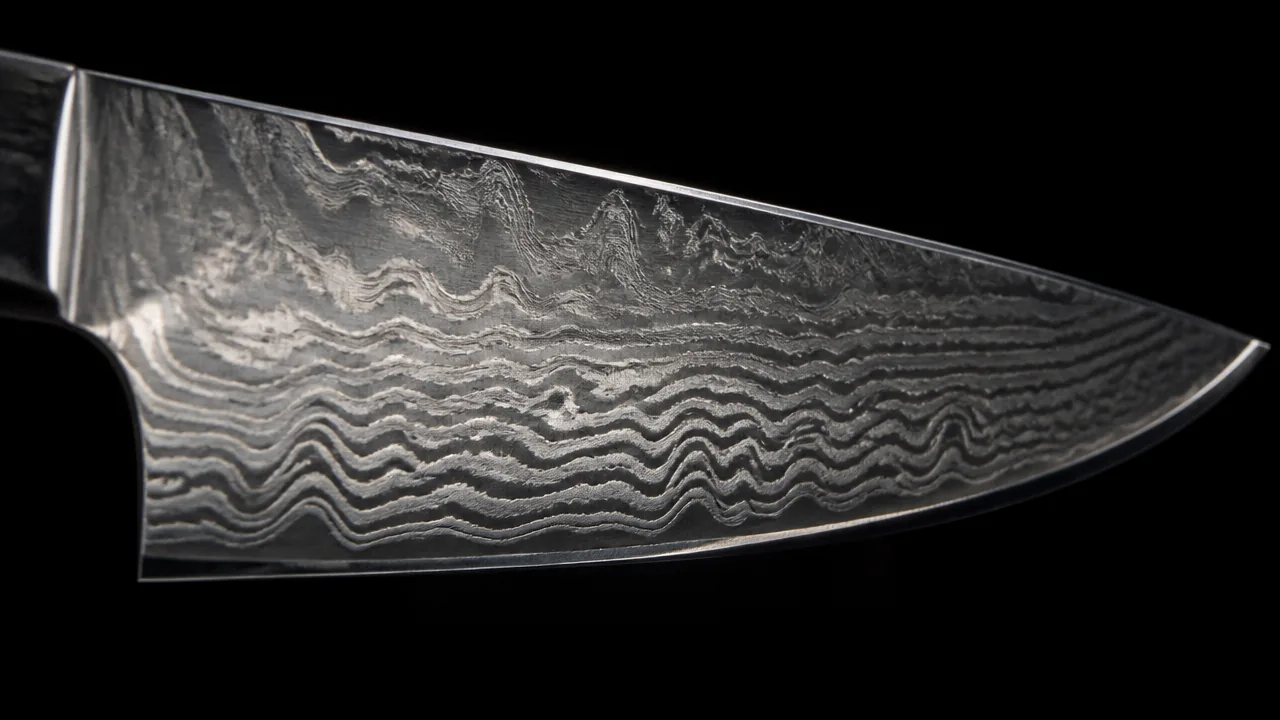 A dramatic close-up macro photograph of a Damascus-pattern Japanese knife blade, showing the layered wavy steel pattern in high detail across the full width of the blade, dark background, studio side lighting emphasizing the metallic texture. Photorealistic product photography, macro lens, studio lighting, sharp specular highlights along the blade edge and spine, realistic brushed or polished steel texture with visible light reflection, not an illustration or painted rendering. No hands, no people, no text, no lettering, no numbers, no logos, no brand names, no price tags.