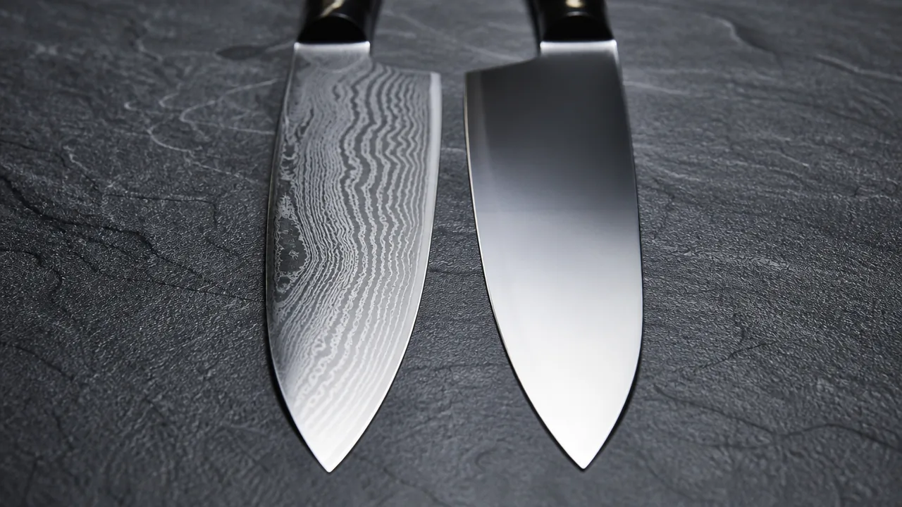 A photograph comparing two Japanese chef's knife blades side by side on a dark slate surface: one with a rippling Damascus pattern along its full length, the other with a plain mirror-polished surface, both blades otherwise the same shape and pointed toward the camera, studio lighting. Photorealistic product photography, macro lens, studio lighting, sharp specular highlights along the blade edge and spine, realistic brushed or polished steel texture with visible light reflection, not an illustration or painted rendering. No hands, no people, no text, no lettering, no numbers, no logos, no brand names, no price tags.