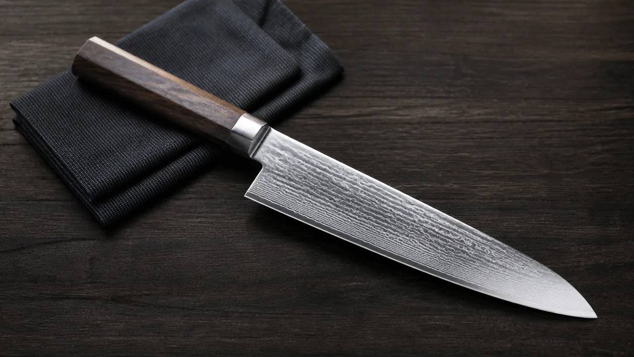 A flat lay photograph on a dark wood surface showing a single Japanese chef's knife with a Damascus-pattern blade resting beside a small folded cloth, soft directional light emphasizing the metallic sheen and pattern detail. Photorealistic product photography, macro lens, studio lighting, sharp specular highlights along the blade edge and spine, realistic brushed or polished steel texture with visible light reflection, not an illustration or painted rendering. No hands, no people, no text, no lettering, no numbers, no logos, no brand names, no price tags.