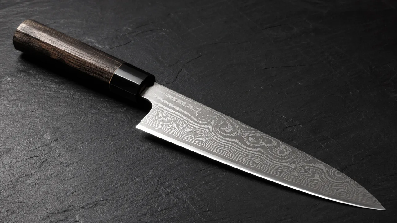 A quiet still life photograph on a dark slate surface of a single Japanese chef's knife with a Damascus-pattern blade, generous negative space, low directional studio light, calm mood, sharp specular highlight along the blade edge. Photorealistic product photography, macro lens, studio lighting, sharp specular highlights along the blade edge and spine, realistic brushed or polished steel texture with visible light reflection, not an illustration or painted rendering. No hands, no people, no text, no lettering, no numbers, no logos, no brand names, no price tags.