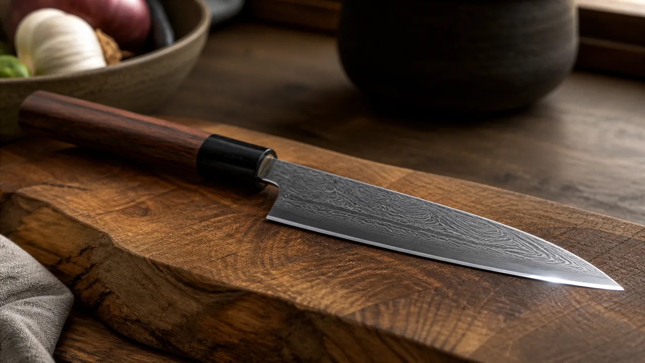 A warm editorial photograph on a wooden kitchen counter of a Japanese chef's knife with a Damascus-pattern blade resting on a wooden cutting board, soft natural window light, sharp specular highlight along the blade edge. Photorealistic product photography, macro lens, studio lighting, sharp specular highlights along the blade edge and spine, realistic brushed or polished steel texture with visible light reflection, not an illustration or painted rendering. No hands, no people, no text, no lettering, no numbers, no logos, no brand names, no price tags.