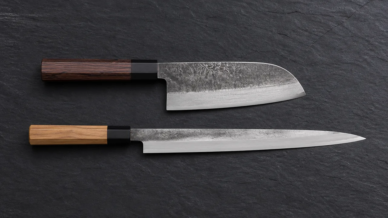 A short wide deba knife above a long slender yanagiba knife on a slate surface