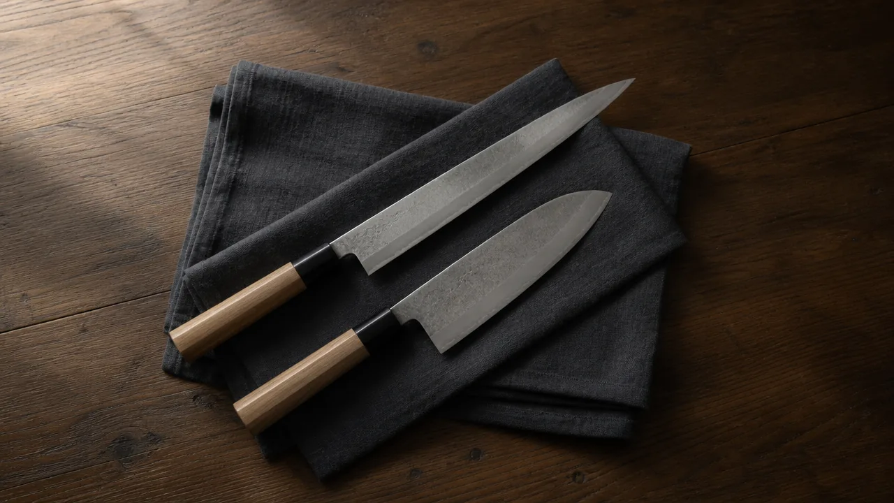 Two fish knives with pale wooden handles resting on a folded dark cloth