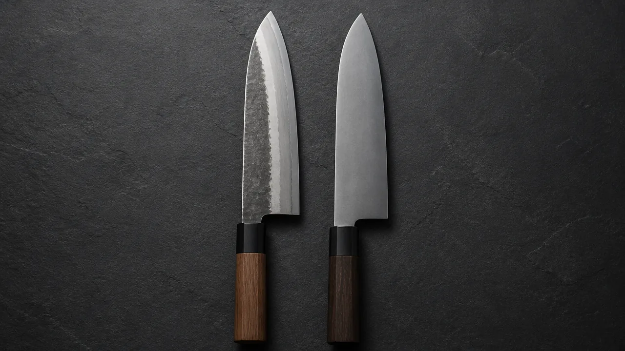 Two knives side by side on slate, one with a dark forged finish near the spine and one fully polished