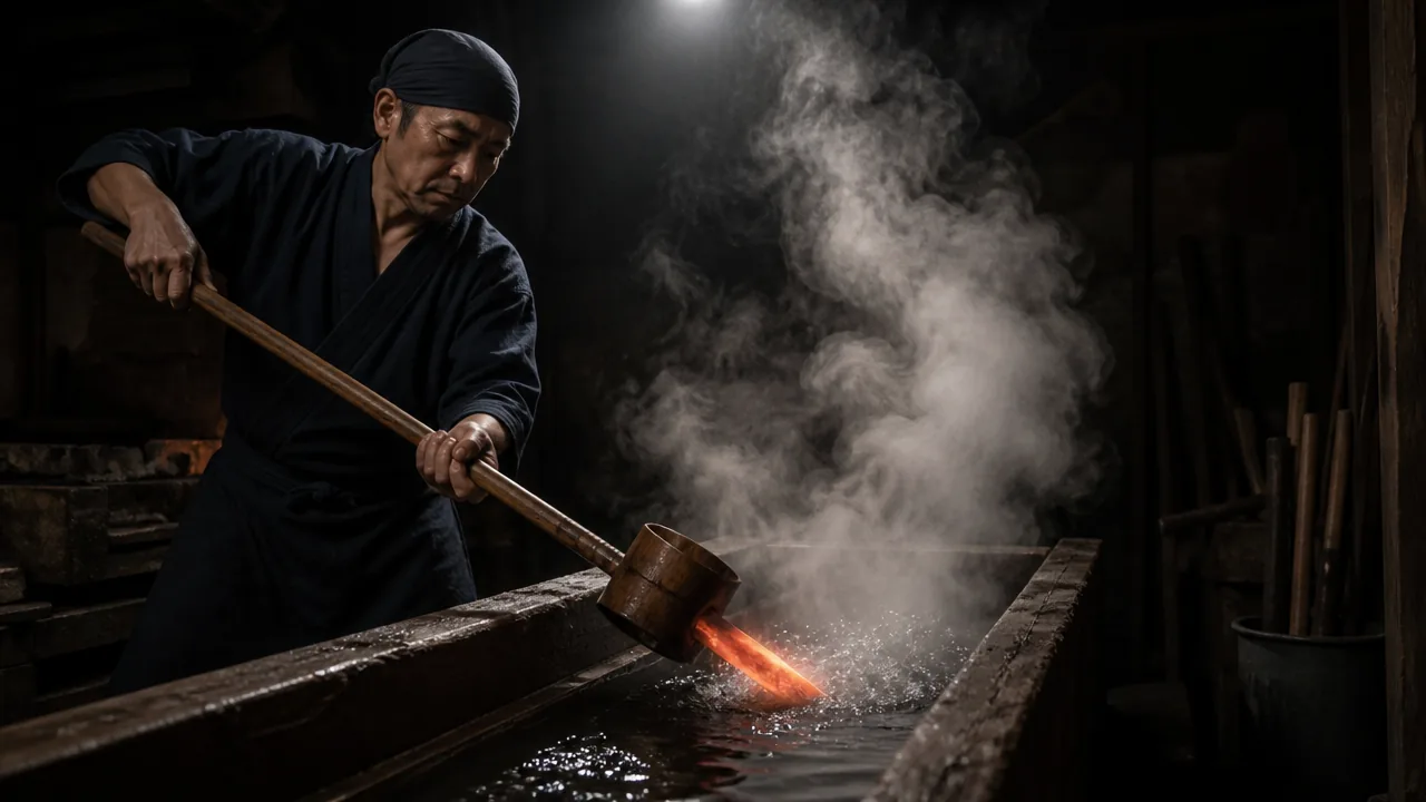 Blacksmith quenching a glowing blade in a water trough, with steam rising