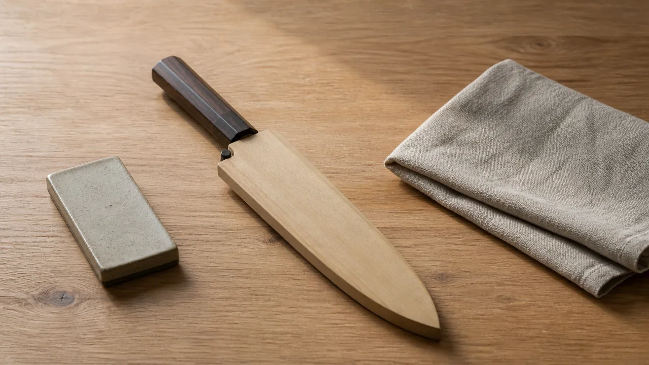 Knife in a pale wooden sheath beside a whetstone and a folded cloth