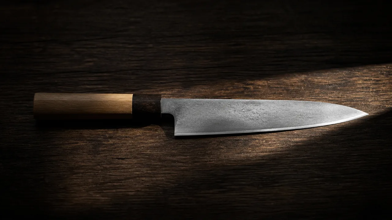 Knife with a pale wooden handle lying on a dark wooden surface in a beam of light