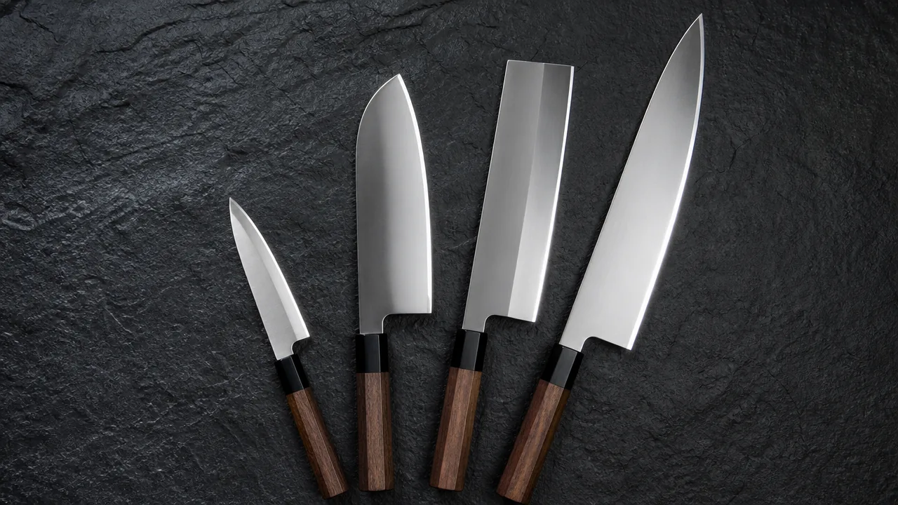 A flat lay photograph on a dark slate surface showing four Japanese kitchen knives arranged in a fan with their handles clustered at the bottom and blades of clearly increasing length: a short petty knife, a medium santoku, a rectangular nakiri, and a longer gyuto, all with plain wooden handles. The length progression is obvious and proportionally realistic. Soft even side lighting, no hands, no text, no lettering, no numbers, no logos, no price tags, photorealistic style.