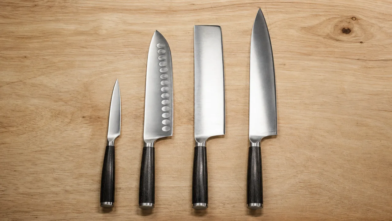 An overhead flat lay on a light wooden surface showing a small petty knife, a santoku, a nakiri, and a gyuto laid parallel to one another with their handle ends aligned along the same baseline, so the difference in blade length is clearly visible. Realistic proportions, soft natural light, no hands, no text, no lettering, no numbers, no rulers, no logos, no price tags, photorealistic style.