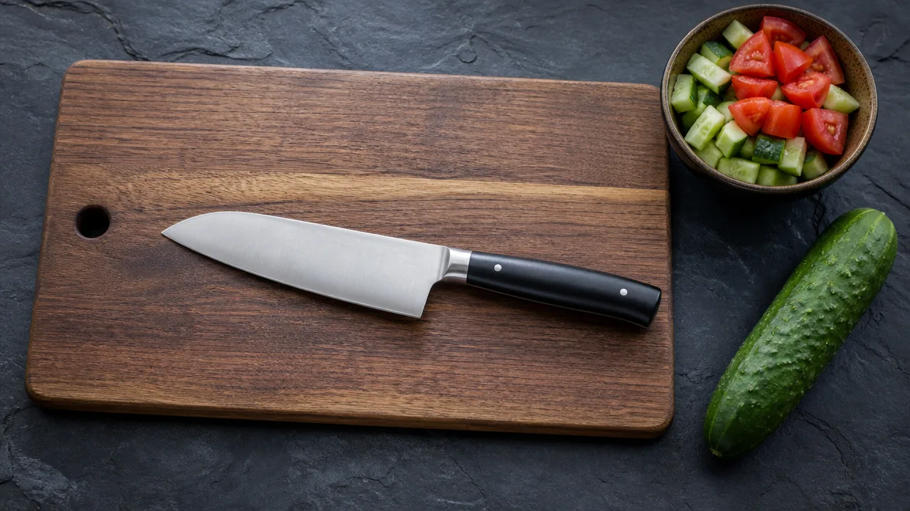 A flat lay photograph on a dark slate surface showing a medium-sized wooden cutting board with a santoku knife resting on it, the blade clearly shorter than the board's length, next to a small bowl of chopped vegetables and a whole cucumber. Soft natural light, no hands, no text, no lettering, no logos, no price tags.