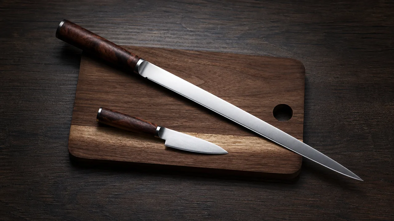 A flat lay photograph on a dark wood surface showing a small wooden cutting board with a very long slicing knife laid diagonally across it so that its tip clearly extends past the edge of the board, next to a short petty knife resting comfortably within the board's area. Realistic proportions, soft even light, no hands, no text, no lettering, no logos, no price tags.