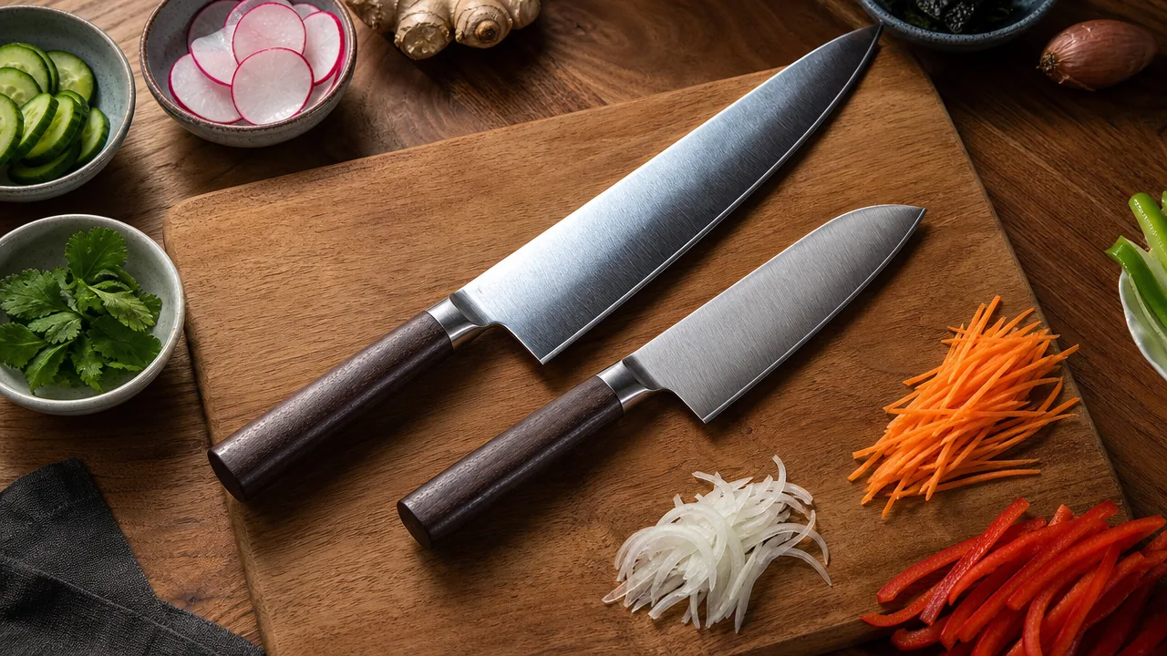 A flat lay photograph on a warm wooden countertop showing a 210mm gyuto and a 170mm santoku side by side on a medium wooden cutting board with sliced vegetables and a small bowl of herbs nearby. Both knives have plain handles and realistic proportions, with the gyuto visibly longer than the santoku. Soft natural light, no hands, no text, no lettering, no logos, no price tags.