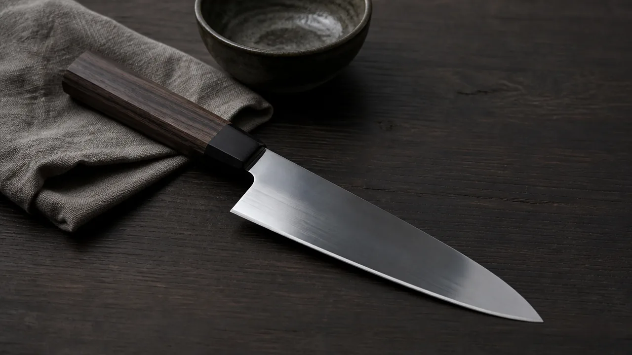 A quiet still life photograph on a dark wood surface showing a compact 180mm gyuto resting beside a folded linen cloth and a small ceramic bowl, with generous negative space and soft low natural light, calm mood. No hands, no text, no lettering, no logos, no price tags.