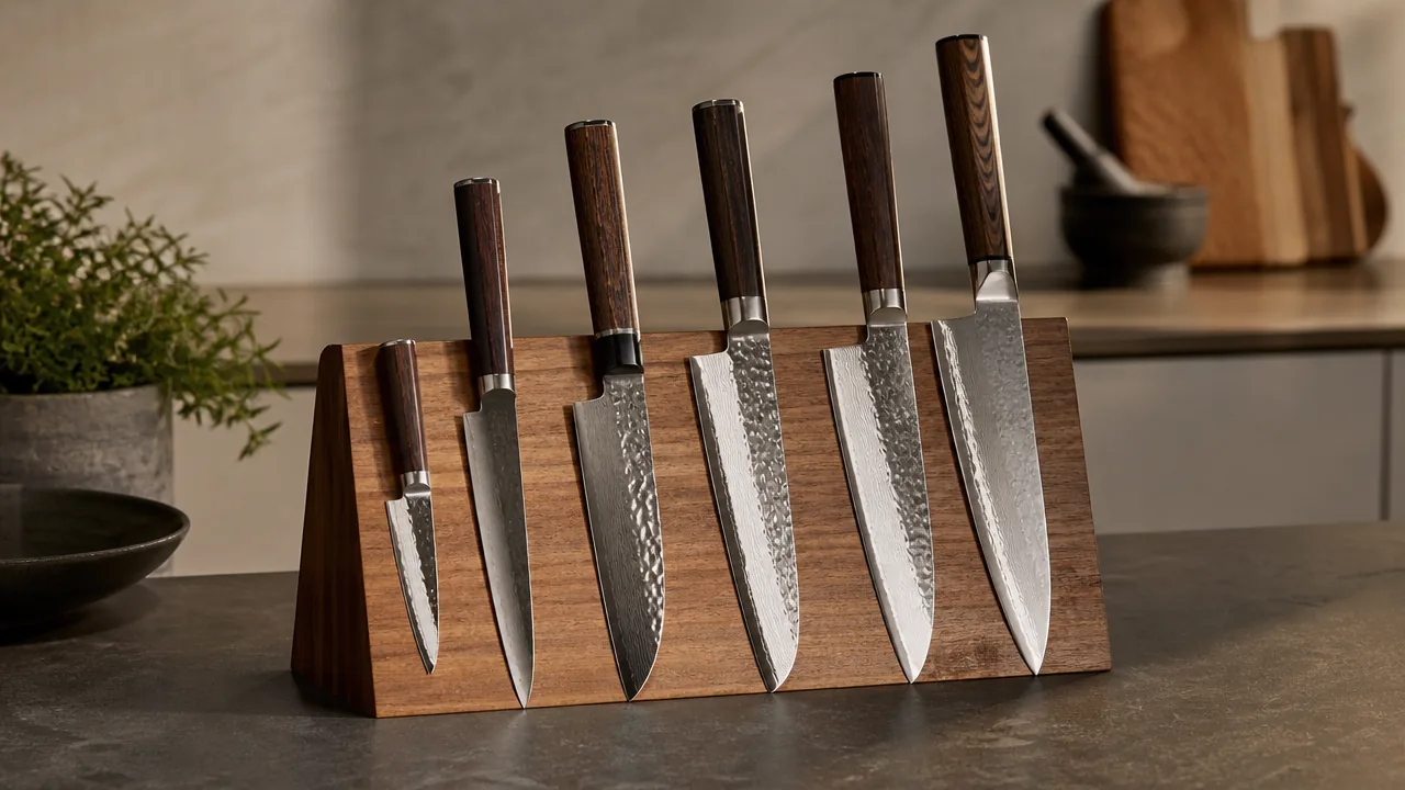 A warm editorial photograph of a wooden knife block on a kitchen counter holding several Japanese knives of visibly different lengths, from a short petty to a long gyuto, with their handles sticking out in a graduated arrangement. Soft natural light, realistic proportions, no hands, no text, no lettering, no logos, no price tags.