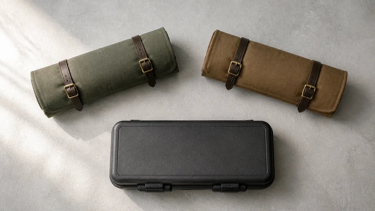 A flat-lay photograph on a light grey stone surface showing two neatly rolled canvas knife rolls and one closed hard case arranged in a triangular composition, no text or logos, soft natural lighting from the left, top-down perspective, clean and minimal styling