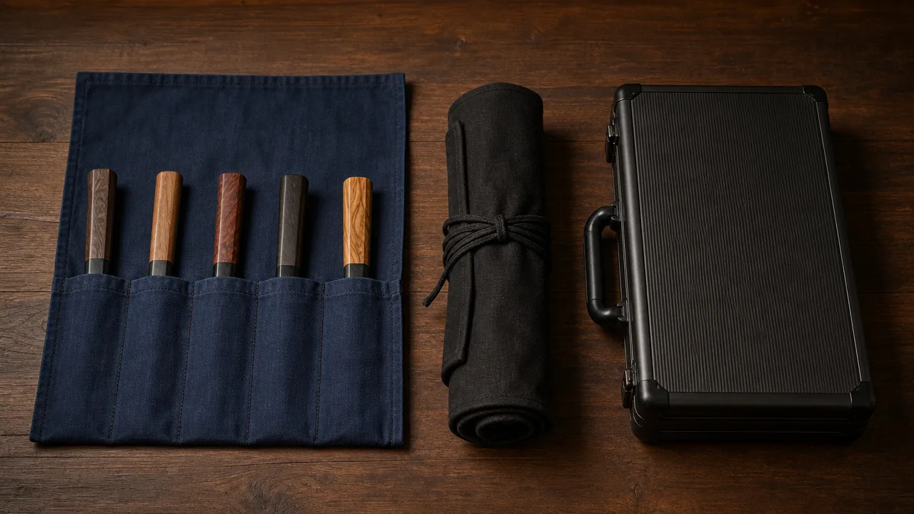 Three distinct Japanese knife storage items on a dark wooden table: an unrolled indigo-dyed fabric knife roll with five knives inserted blade-first into their sewn pockets so each blade is fully concealed and only the wooden handle protrudes, a rolled black canvas knife roll tied with cord, and a closed black hard-shell attache case, no text or logos, warm studio lighting, slightly elevated angle