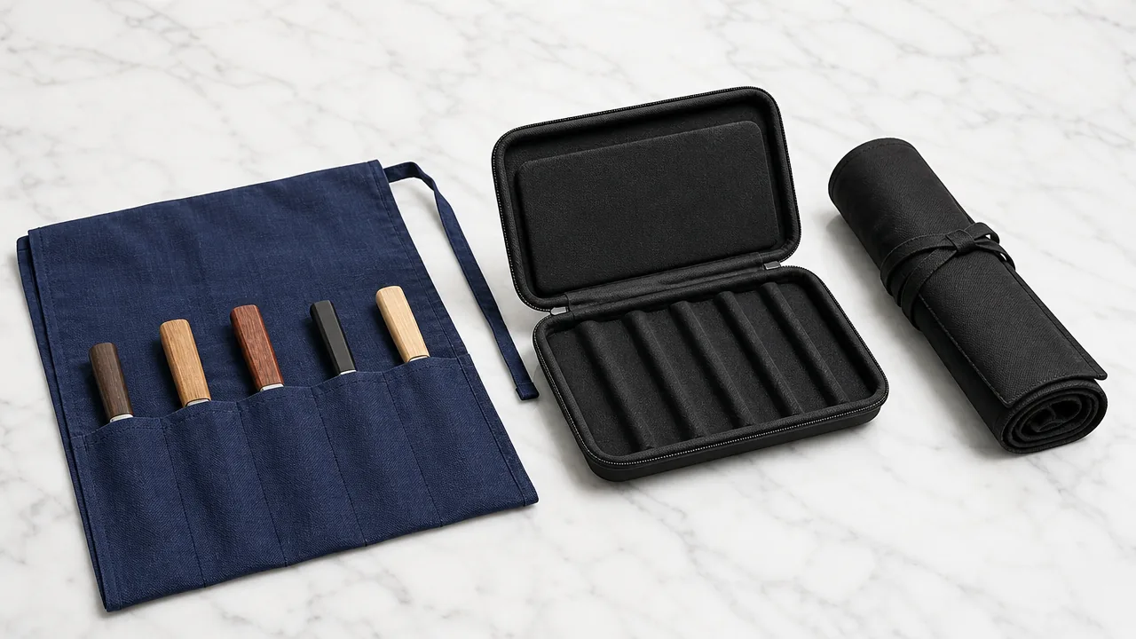 Three Japanese knife storage products on a white marble surface: an unrolled indigo fabric knife roll with knives inserted blade-first so each blade is hidden inside the pocket and only the handle sticks out, a small open black hard-shell case showing empty padded interior slots, and a rolled black canvas knife bag, no labels or text, bright even lighting