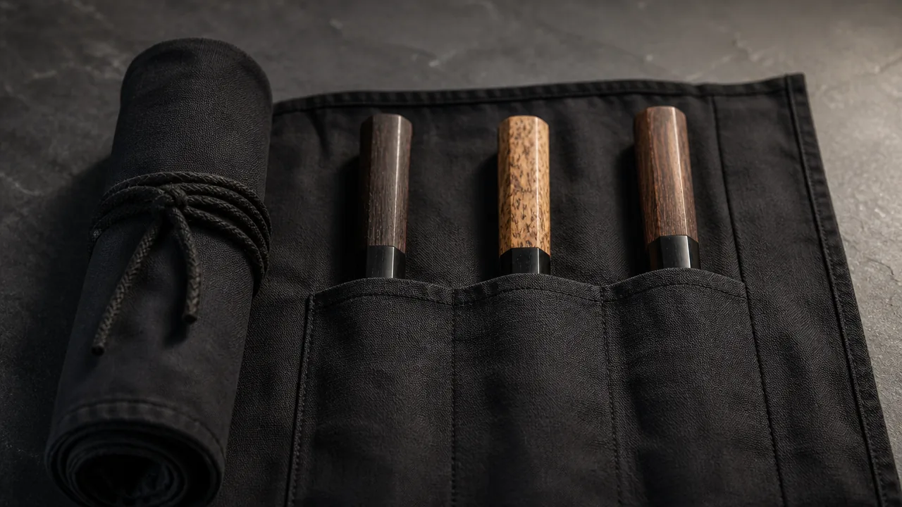 Close-up of a thick black canvas knife roll partially unrolled on a dark slate surface, three Japanese kitchen knives with wooden handles each inserted blade-first deep into its own fabric pocket so the blade is concealed and only the handle is exposed above the pocket line, the roll tied with a black cord, no text or logos, shallow depth of field, moody directional lighting