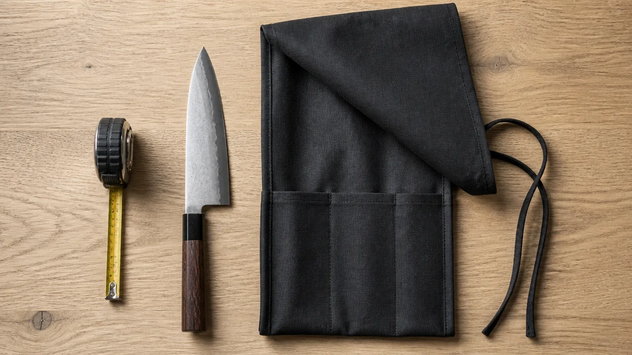 Overhead flat-lay on a light oak wooden surface showing a tape measure, a single Japanese chef knife with a dark wood handle, and a partially open black canvas knife roll arranged neatly together, no text or logos, soft diffused natural window light, clean minimal composition