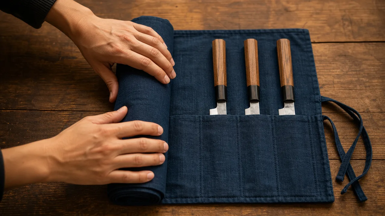 A pair of hands rolling up an indigo-dyed fabric Japanese knife roll, with the rolled cylindrical section continuing in line with the still-open pockets holding three knives standing upright, each blade inserted mostly into its pocket with only a small sliver of steel and the bolster visible above the fabric and the wooden handle protruding fully out, ready to grab.