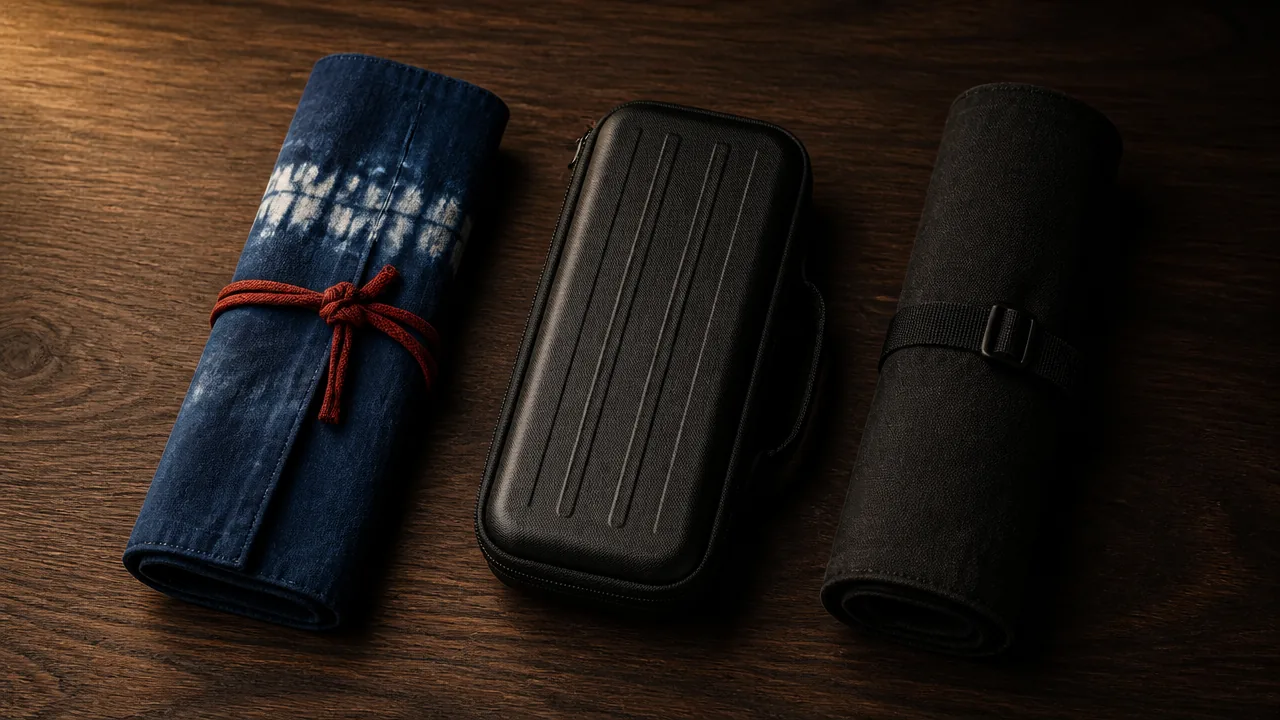 A neatly arranged still life on a dark walnut wooden surface: an indigo-dyed knife roll tied with a red cord on the left, a closed black hard-shell case in the center, and a rolled black canvas knife bag on the right, all three lit by warm directional light from the upper left, no text or logos, clean editorial composition