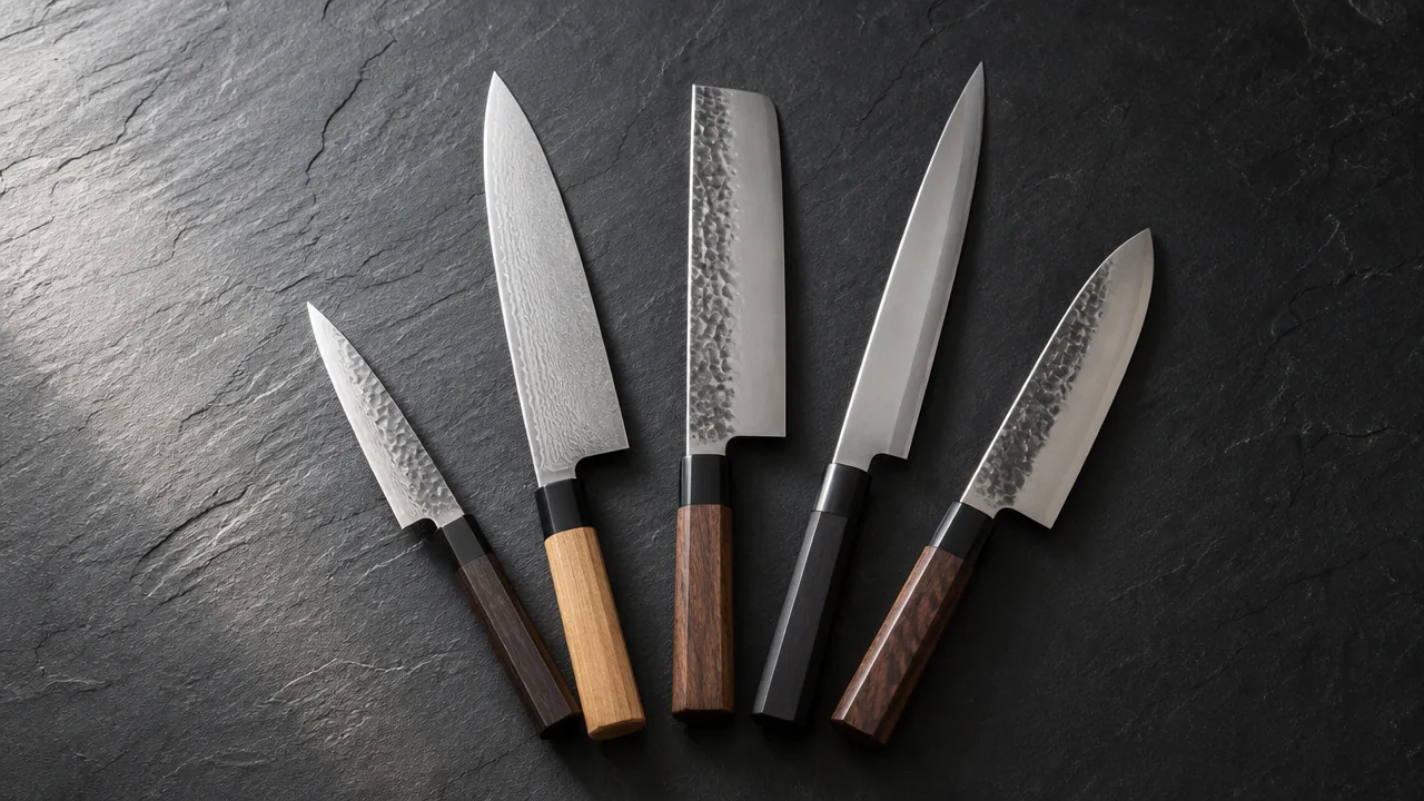 Five Japanese kitchen knives of different shapes fanned out on a dark slate surface