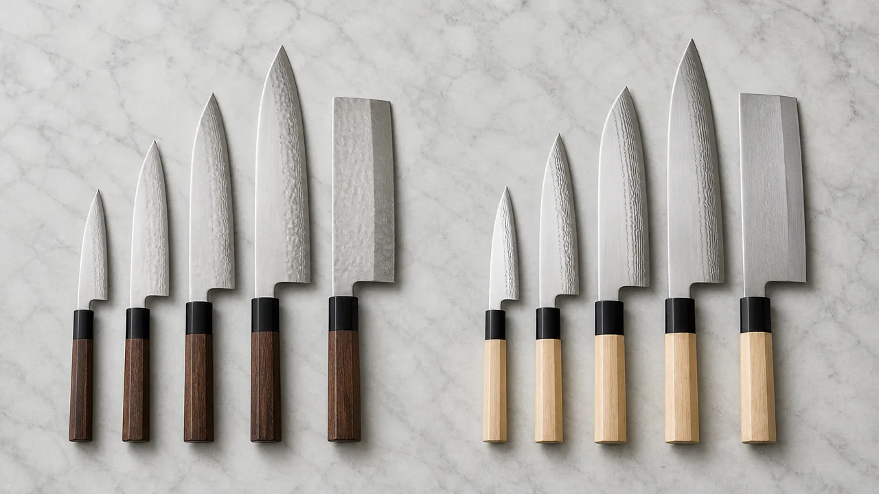 Two sets of five knives laid out on marble, one set with dark handles and one with pale handles