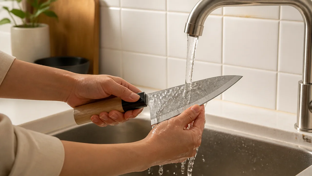Hands washing a knife under running water at a kitchen sink