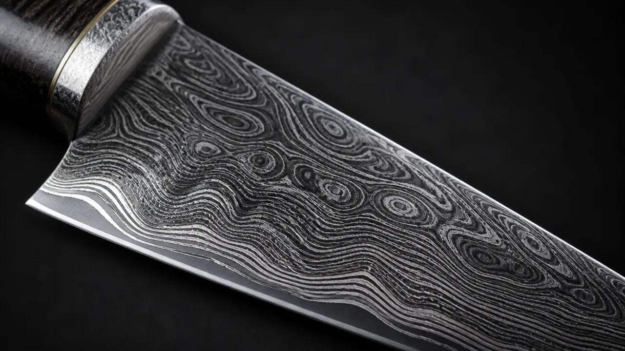 Close-up of a knife blade with a swirling Damascus pattern