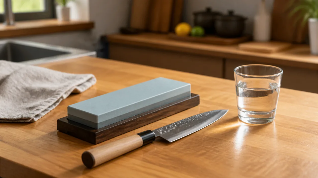 Knife beside a whetstone on a wooden base, a folded towel and a glass of water on a kitchen counter