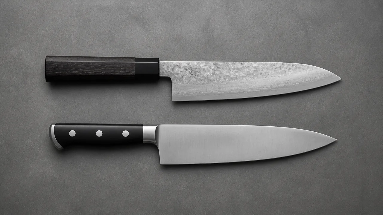 Two knives on a grey surface: a hammered blade with a dark octagonal handle above a plain blade with a riveted handle