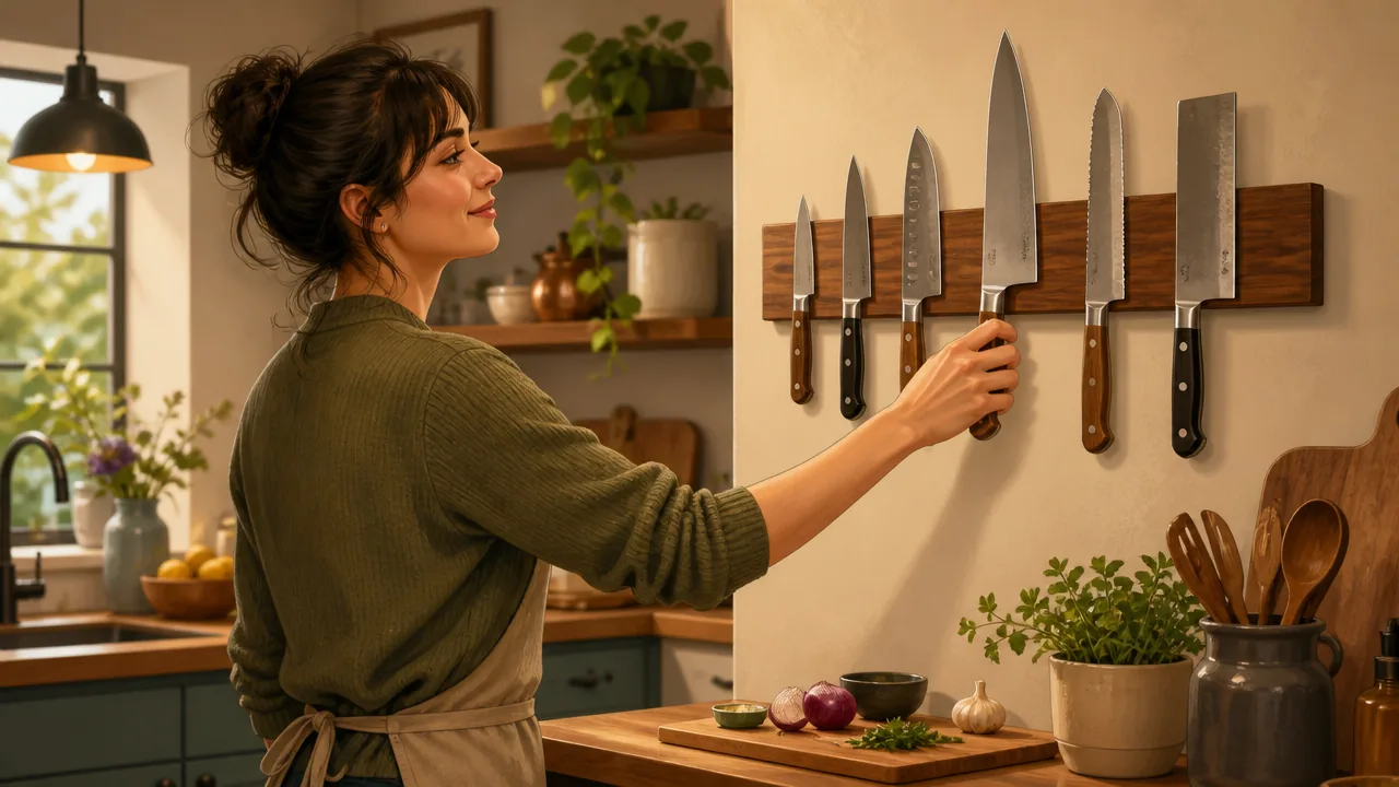 A woman reaching for a knife on a magnetic wall strip in a home kitchen