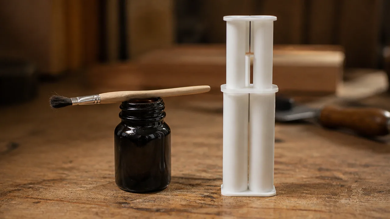 Small dark glass bottle with a brush resting on it beside a white double-syringe epoxy dispenser