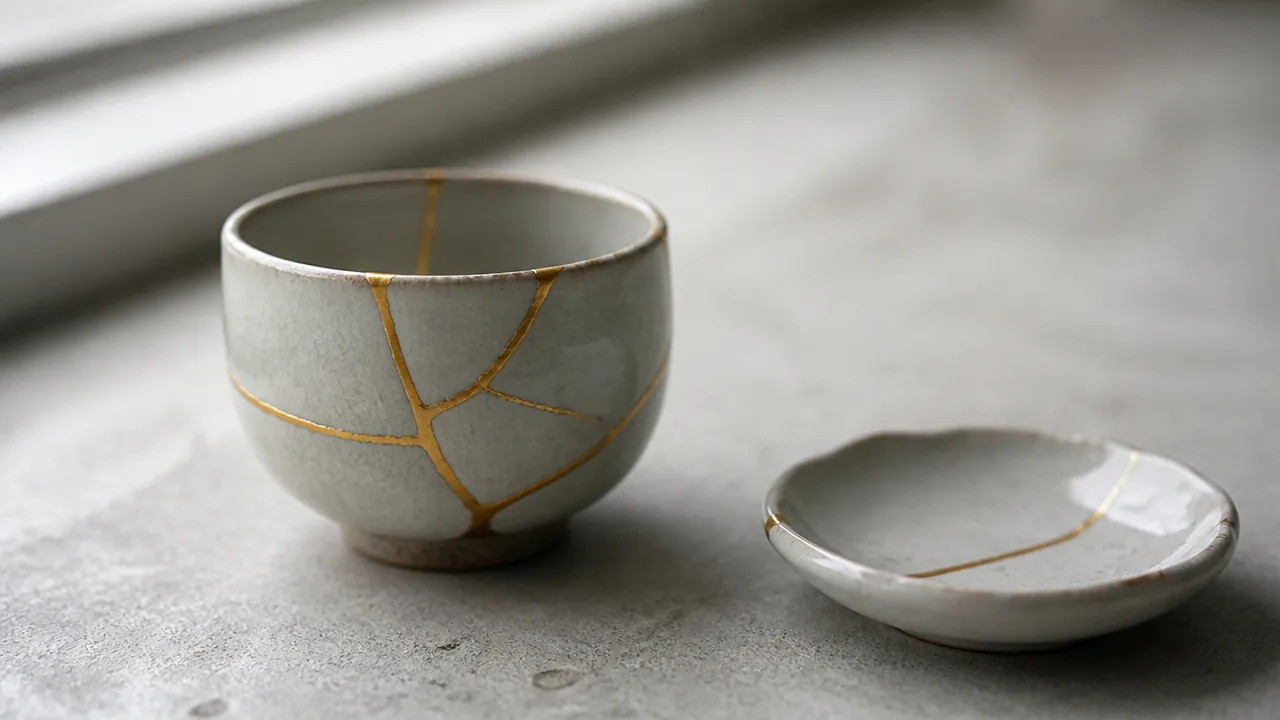 Ceramic cup with gold repair lines beside a small repaired dish