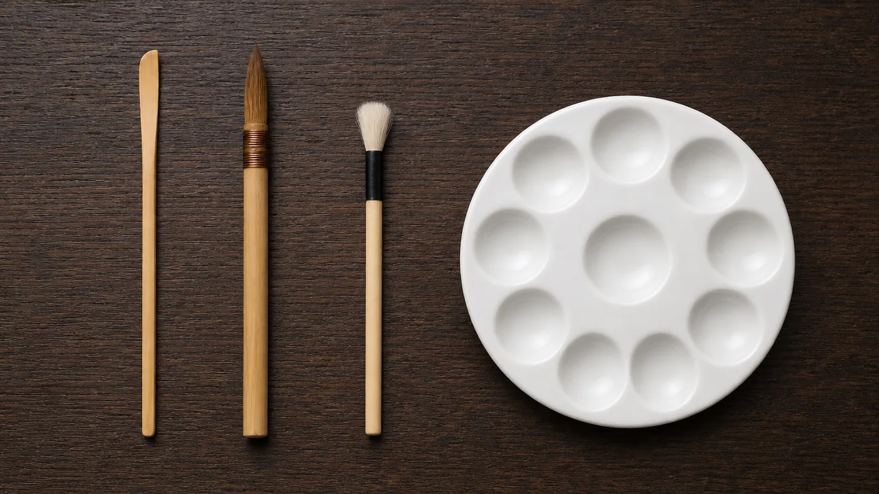 A close-up flat lay on a dark wood surface showing four Japanese kintsugi tools: a thin bamboo spatula, a fine application brush, a smaller soft finishing brush, and a small round white porcelain mixing dish with nine plain circular wells arranged in a grid, soft even overhead lighting, no hands, no text, no logos.
