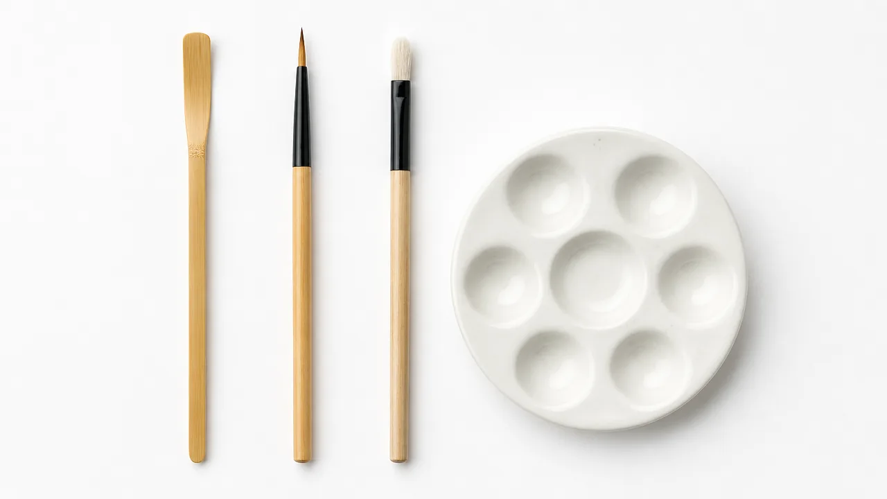 A top-down product photography style flat lay on plain white background showing four small Japanese kintsugi tools arranged in a grid: a thin bamboo spatula, a fine application brush, a smaller soft finishing brush, and a round porcelain mixing dish with several wells. Even studio lighting, clean and minimal, no hands, no text, no lettering, no logos, no price tags.