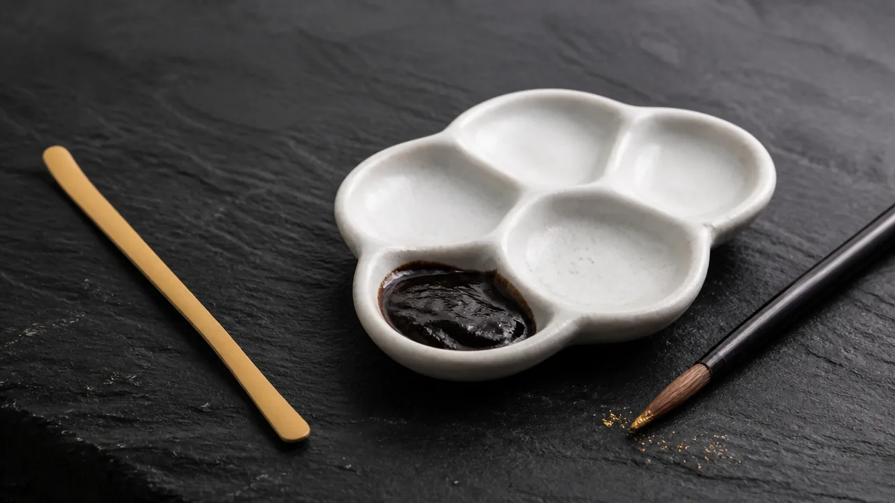A macro photograph on a dark slate surface showing a thin bamboo spatula resting beside a small porcelain mixing dish with a small amount of dark lacquer paste in one well, next to a fine application brush with a light dusting of gold powder on its tip. Soft directional light emphasizing texture, no hands, no text, no lettering, no logos, no price tags, photorealistic style.
