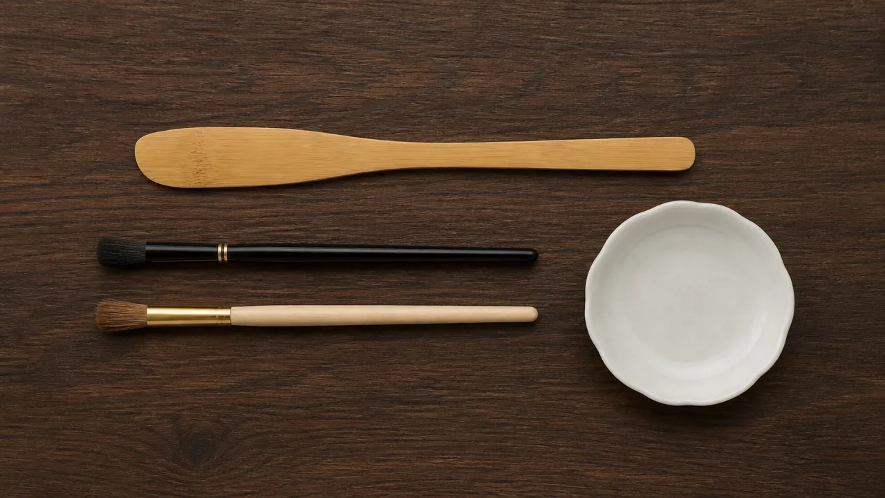 A flat lay photograph on a dark wood surface showing a set of clean, dry kintsugi tools laid out for storage: a bamboo spatula resting flat, two small brushes laid horizontally rather than standing upright, and an empty porcelain mixing dish, all neatly arranged. Soft even lighting, tidy and orderly composition, no hands, no text, no lettering, no logos, no price tags.