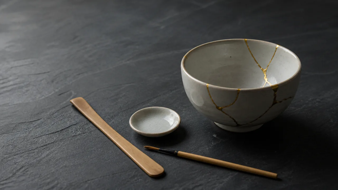 A quiet still life photograph on a dark slate surface showing a single kintsugi tool set — bamboo spatula, small brush, and porcelain dish — resting beside a small repaired ceramic bowl with visible gold seams, soft low natural light, generous negative space, contemplative mood. No hands, no people, no text, no lettering, no logos, no price tags.