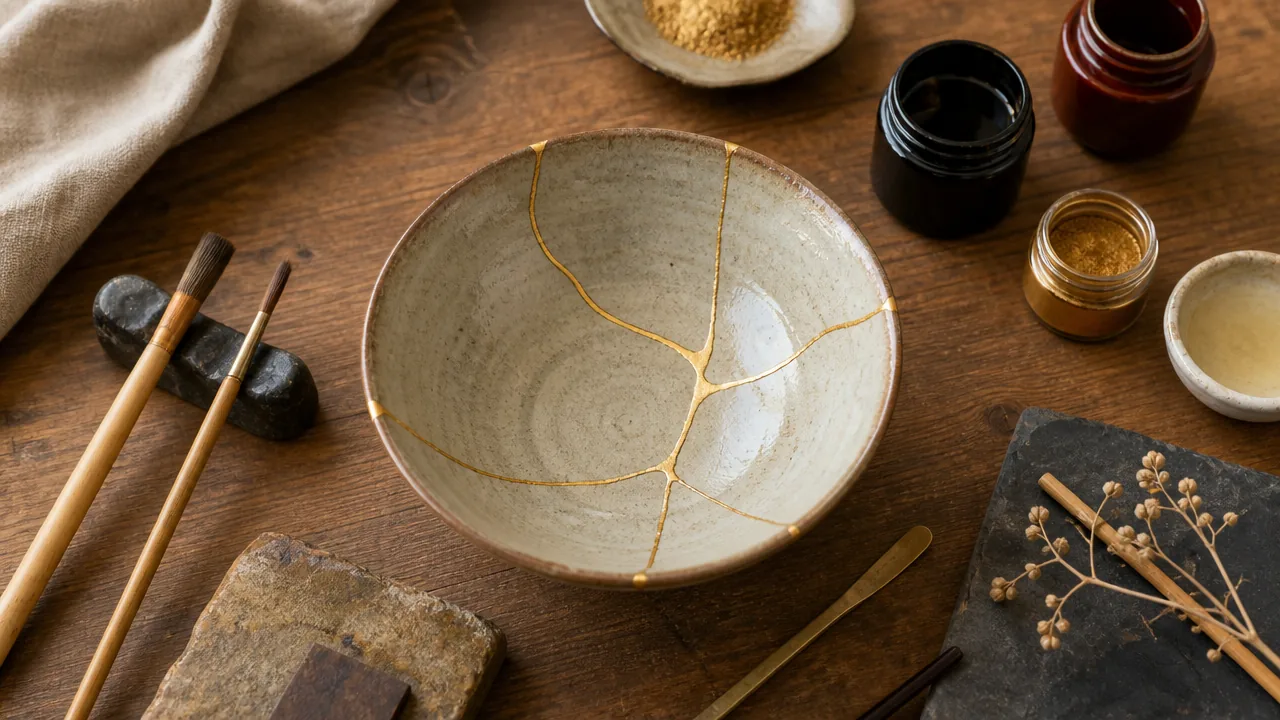 A warm, inviting flat lay on a wooden table showing a finished kintsugi-repaired ceramic bowl at the center, surrounded loosely by kintsugi tools and small jars of lacquer and gold powder, soft natural light, editorial craft-photography style. No hands, no text, no lettering, no logos, no price tags.