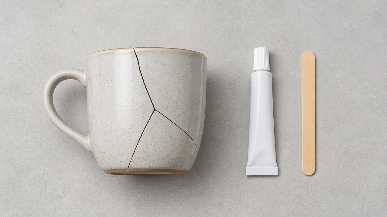 A flat lay photograph showing a cracked ceramic mug alongside a small tube of adhesive and a wooden mixing stick, arranged neatly on a light gray surface, soft overhead lighting, clean and simple composition, no text, no labels, no branding