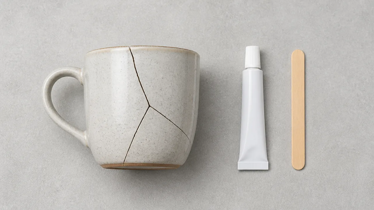 Cracked white mug beside a small tube of adhesive and a wooden stick